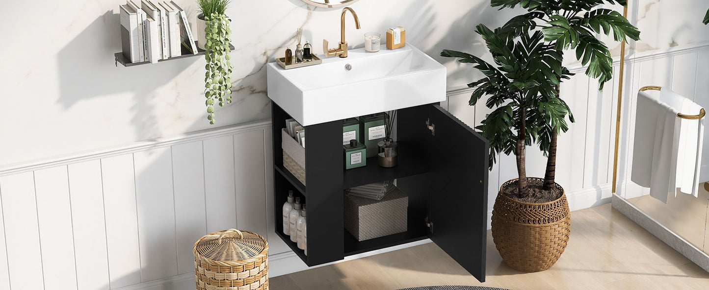 Modern Floating Bathroom Vanity With Ceramic Basin, Perfect For Small Bathrooms, Left Side Storage - Black