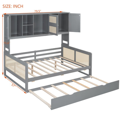 Full Size Wooden Daybed & Twin Size Trundle, And All In One Cabinet And Shelf - Gray