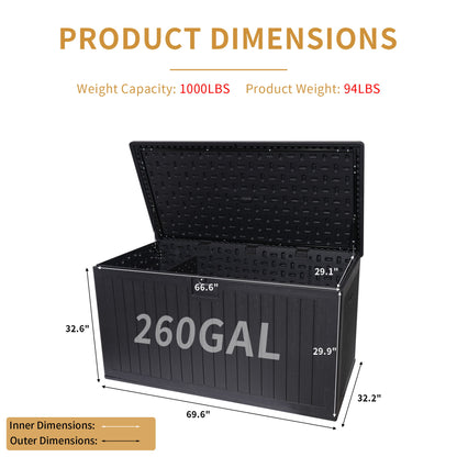 260 Gallon Resin Outdoor Deck Box Waterproof, Extra Large Patio Storage Box With Lockable Storage Containers For Patio Furniture Cushions, Pool Accessories, Garden Tools - Black