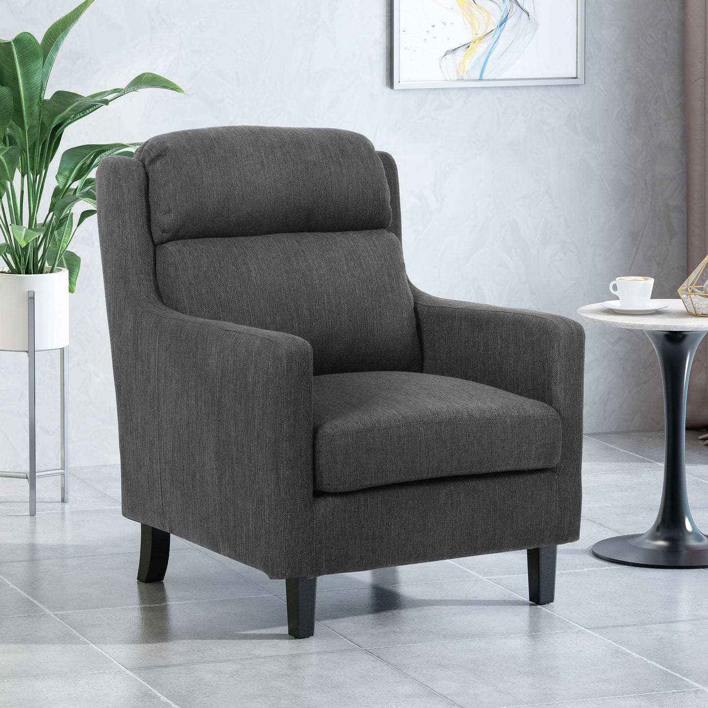 Contemporary Club Chair With Upholstered Fabric And Rubberwood Legs - Charcoal