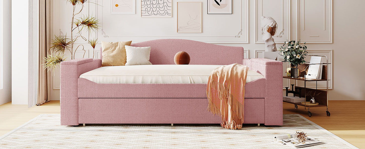 Full Size Upholstered Daybed With Storage Armrests, Trundle And Latest Integrated Bluetooth Audio System, Teddy Fleece - Pink