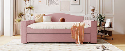 Full Size Upholstered Daybed With Storage Armrests, Trundle And Latest Integrated Bluetooth Audio System, Teddy Fleece - Pink