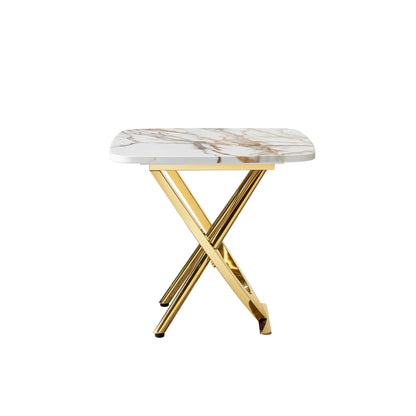 Contemporary Marble Pattern Top Side End Table With Stainless Steel Base, Square Shape - Gold