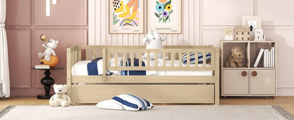 Twin Size Daybed With Trundle And Fence Guardrails - Natural
