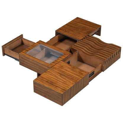 Mid Century Modern Coffee Table, Unique Square Wooden Coffee Table With 3 Drawers, Tempered Glass And Solid Wood Legs For Living Room - Brown