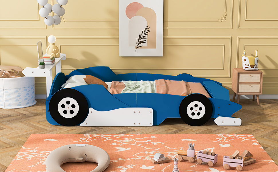 Full Size Race Car Shaped Platform Bed With Wheels - Blue