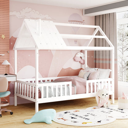 Twin Size House Bed With Fence - White