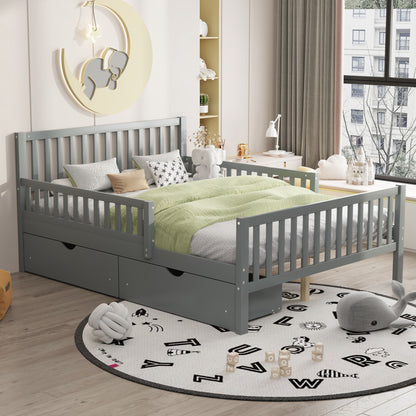 Full Size Platform Bed With Guardrails On Both Sides And 2 Storage Drawers - Gray