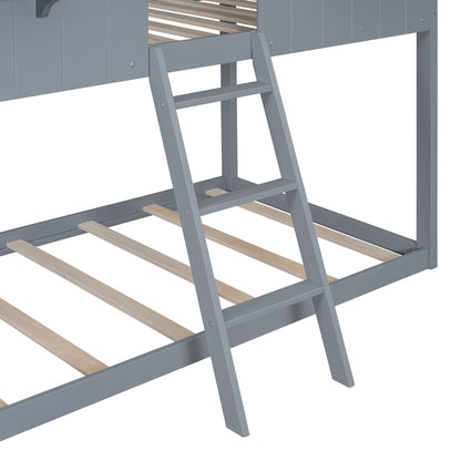 Twin Over Twin Bunk Bed With Roof, Window, Guardrail, Ladder - Gray