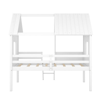 Twin Size Low Loft House Bed With Two Side Windows - White