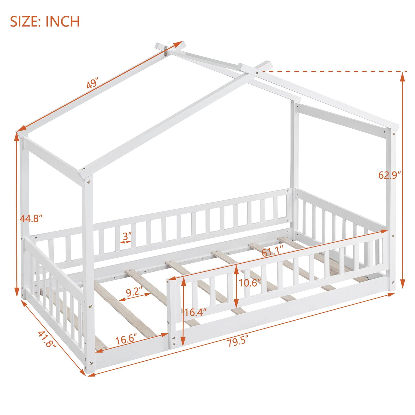 Twin Size Bed House Bed Frame & Fence - White