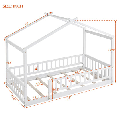 Twin Size Bed House Bed Frame & Fence - White