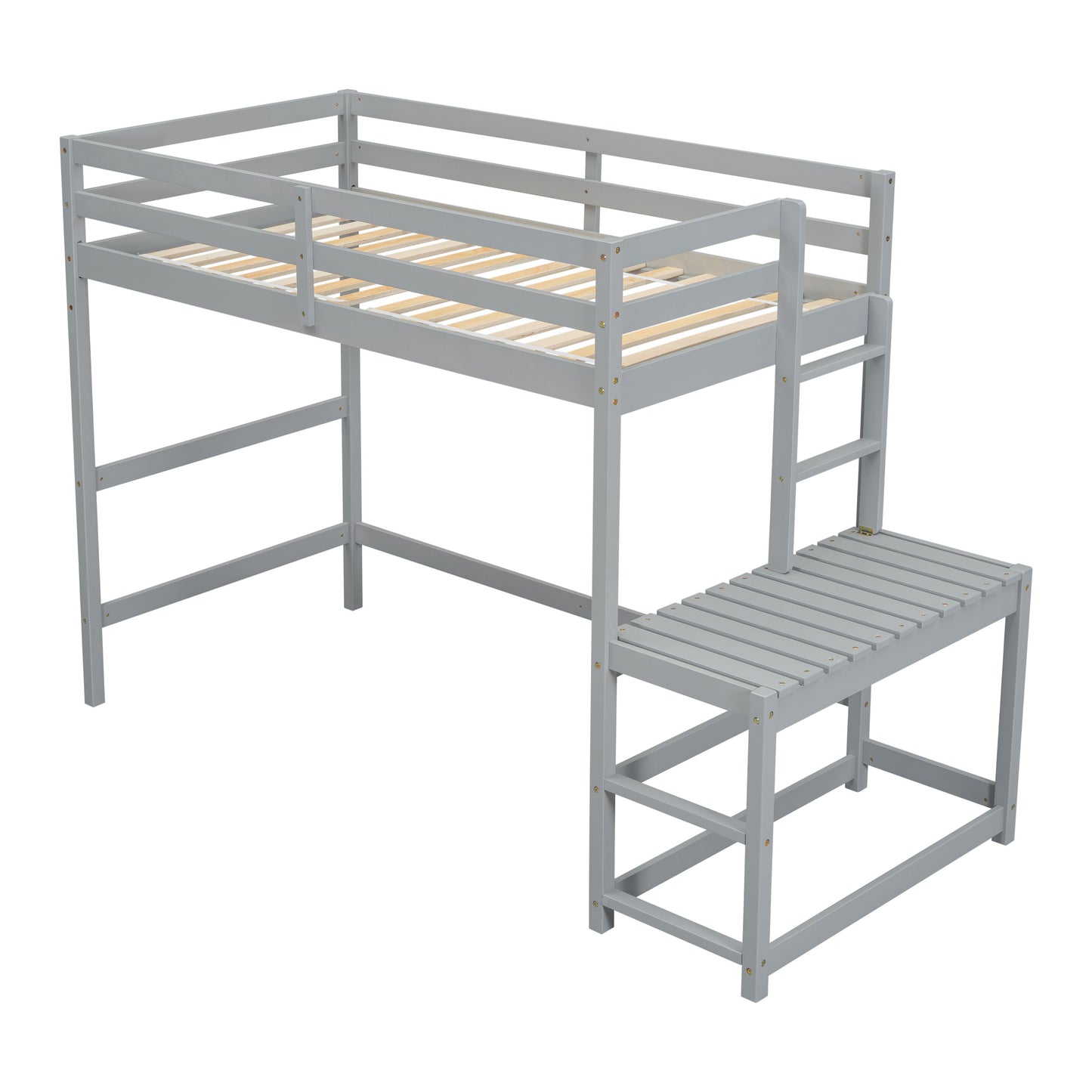 Twin Size High Loft Bed With Ladder Landing Platform, Ladders, Guardrails - Gray