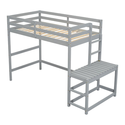 Twin Size High Loft Bed With Ladder Landing Platform, Ladders, Guardrails - Gray