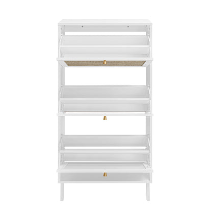 Modern Rattan 3 Door Shoe Rack Cabinet For Entryway Freestanding White Storage Unit In Particle Board - White