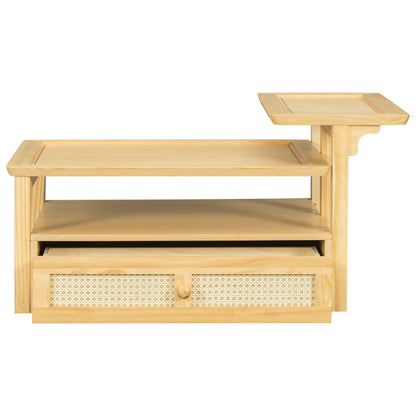 Modern Coffee Table, Coffee Table With 1 Storage Shelf, 2 Tabletops And 1 Rattan Drawer For Living Room - Natural