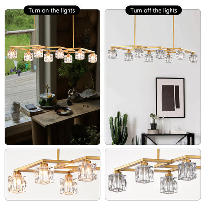 Crystal Chandelier For Dining Room, 8 Light Kitchen Chandelier Light Fixture Modern Metal Industrial Chandeliers For Farmhouse Entryway Living Room (8*G9 Bulbs Included) - Matte Gold