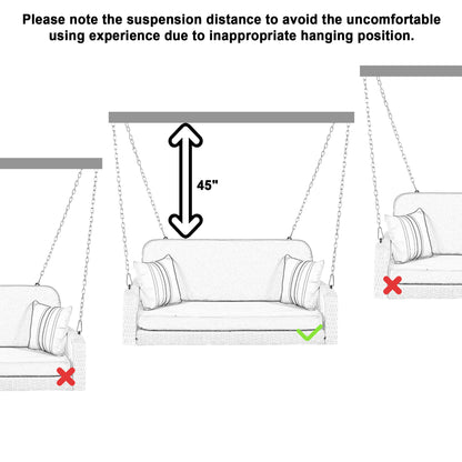 PE Wicker Porch Swing, 2 Seater Hanging Bench With Chains, Patio Furniture Swing For Backyard Garden Poolside - White / Gray