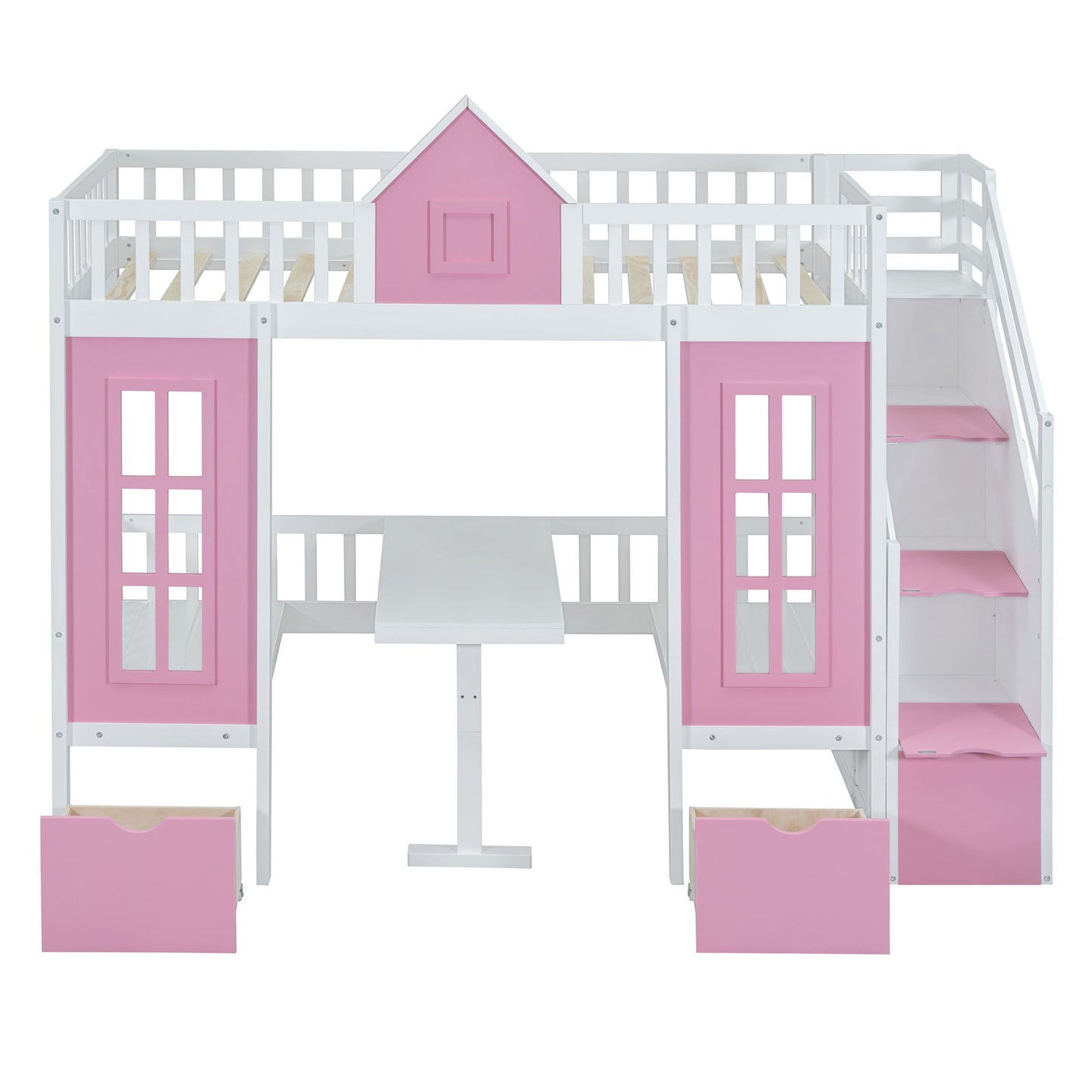 Twin Over Twin Bunk Bed With Changeable Table, Bunk Bed Turn Into Upper Bed And Down Desk - Pink