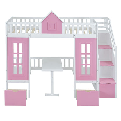 Twin Over Twin Bunk Bed With Changeable Table, Bunk Bed Turn Into Upper Bed And Down Desk - Pink