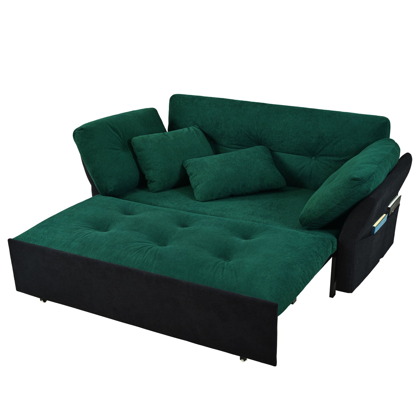 Modern Convertible Sleeper Sofa Bed With Pull Out Queen Design, Side Storage & Thick Cushions Chenille Loveseat For Living Room Or Bedroom 3 In 1 Function - Green
