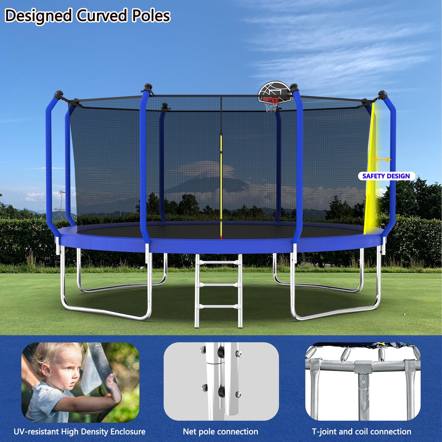 168.11" Trampoline With Basketball Hoop, Astm Approved Reinforced Type Outdoor Trampoline With Enclosure Net - Blue