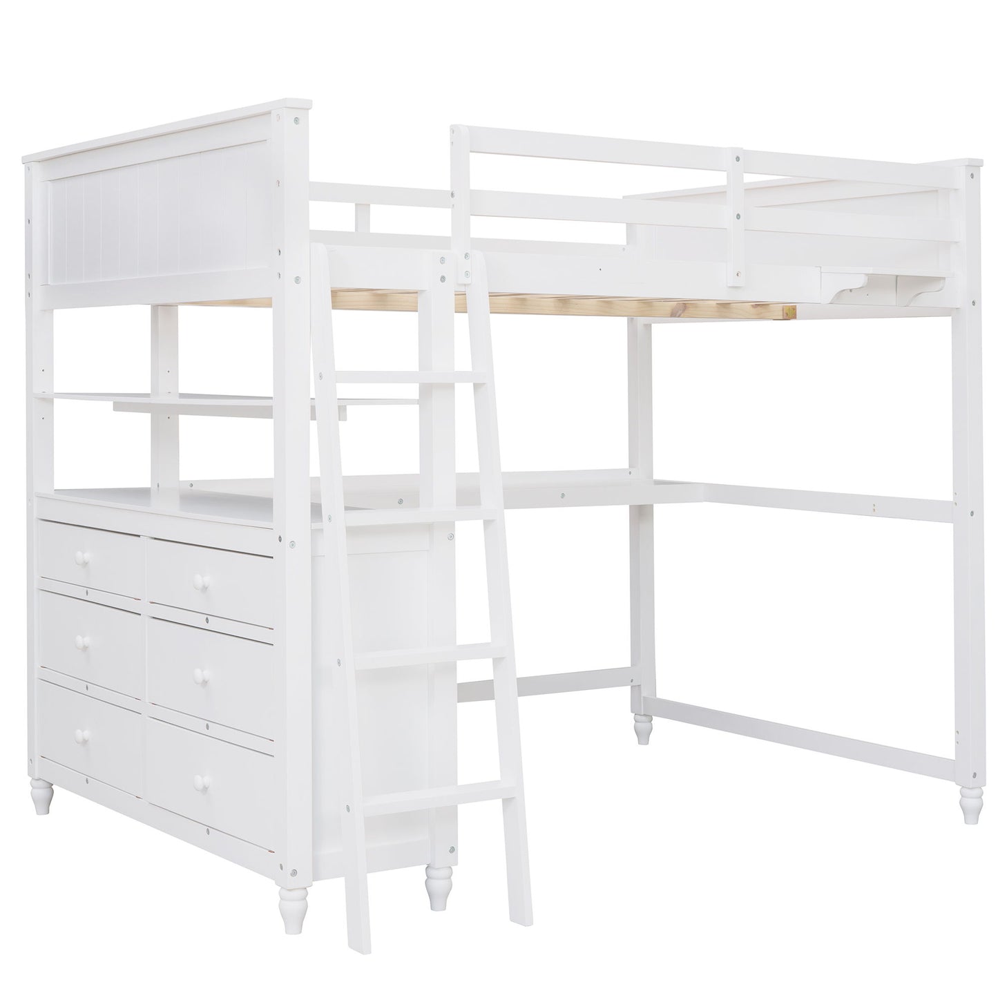 Full Size Loft Bed With Drawers And Desk With Shelves - White