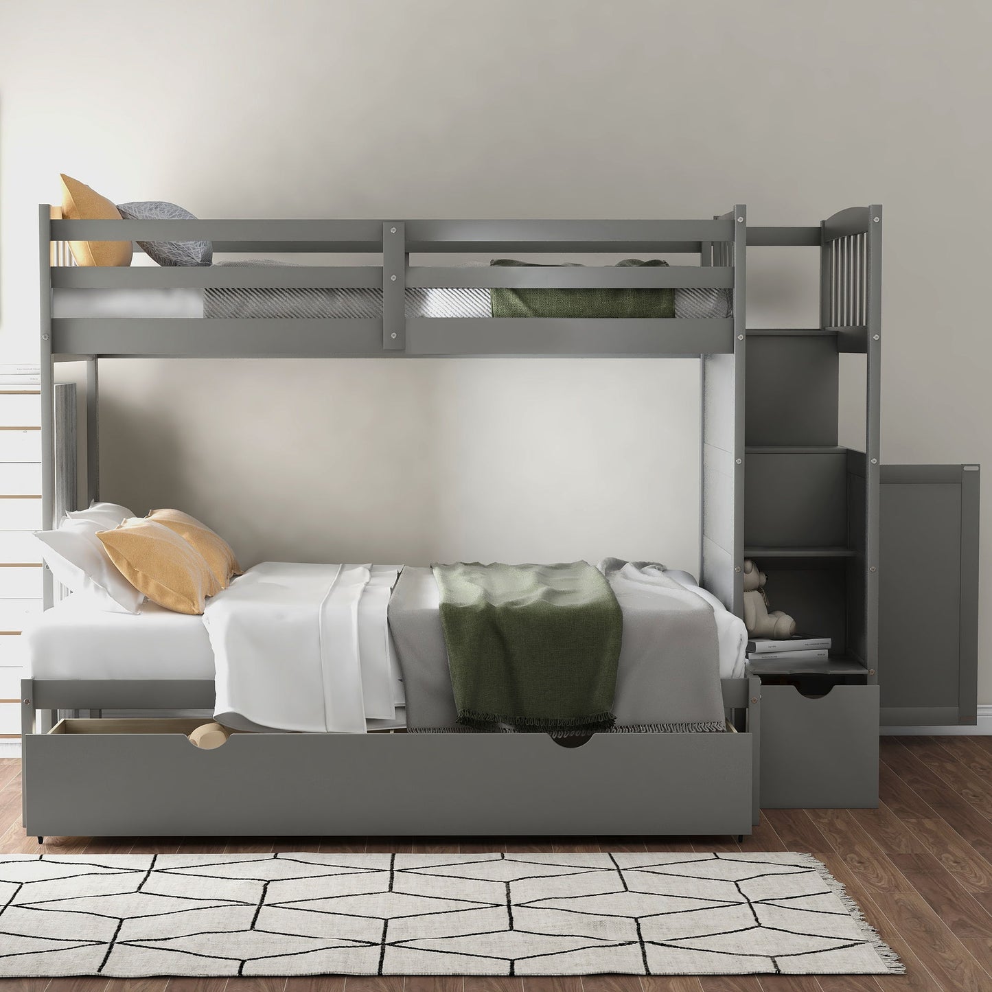 Twin Over Full / Twin Bunk Bed, Convertible Bottom Bed, Storage Shelves And Drawers - Gray