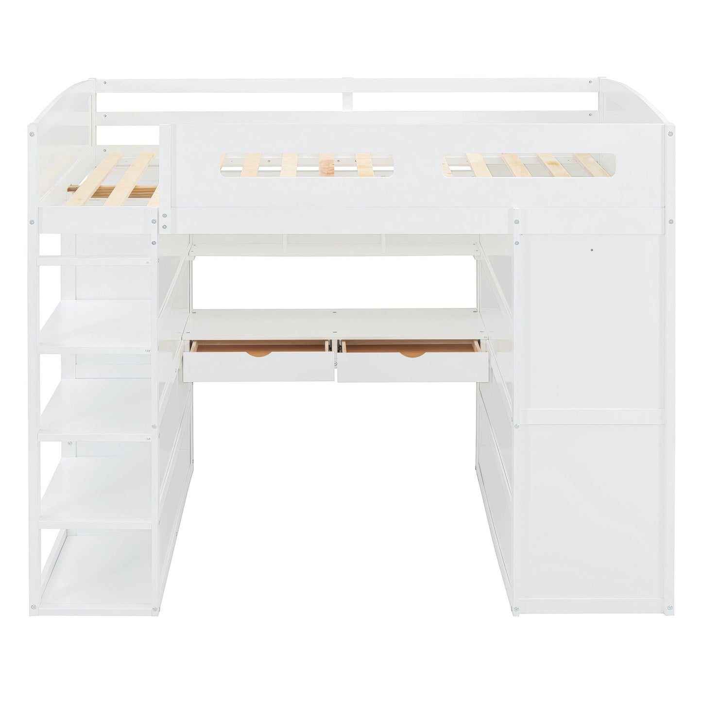Full Size Loft Bed With Desk, Wardrobes, 4 Drawers And 4 Shelves - White