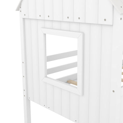 Twin Size Low Loft House Bed With Two Side Windows - White