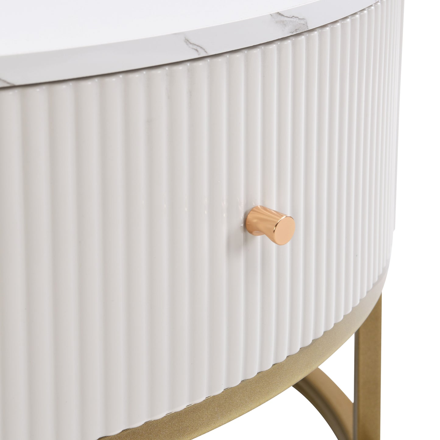 Modern Round Coffee Table With Drawers, Faux Marble, Metal Frame - Off White