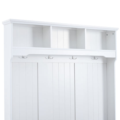 5 In 1 Entryway Bench With Shutter - Shaped Doors, Coat Rack, Cushion And 4 Sturdy Hooks, Wide Hall Tree With Storage Bench For Hallway, Entryway, Living Room - White