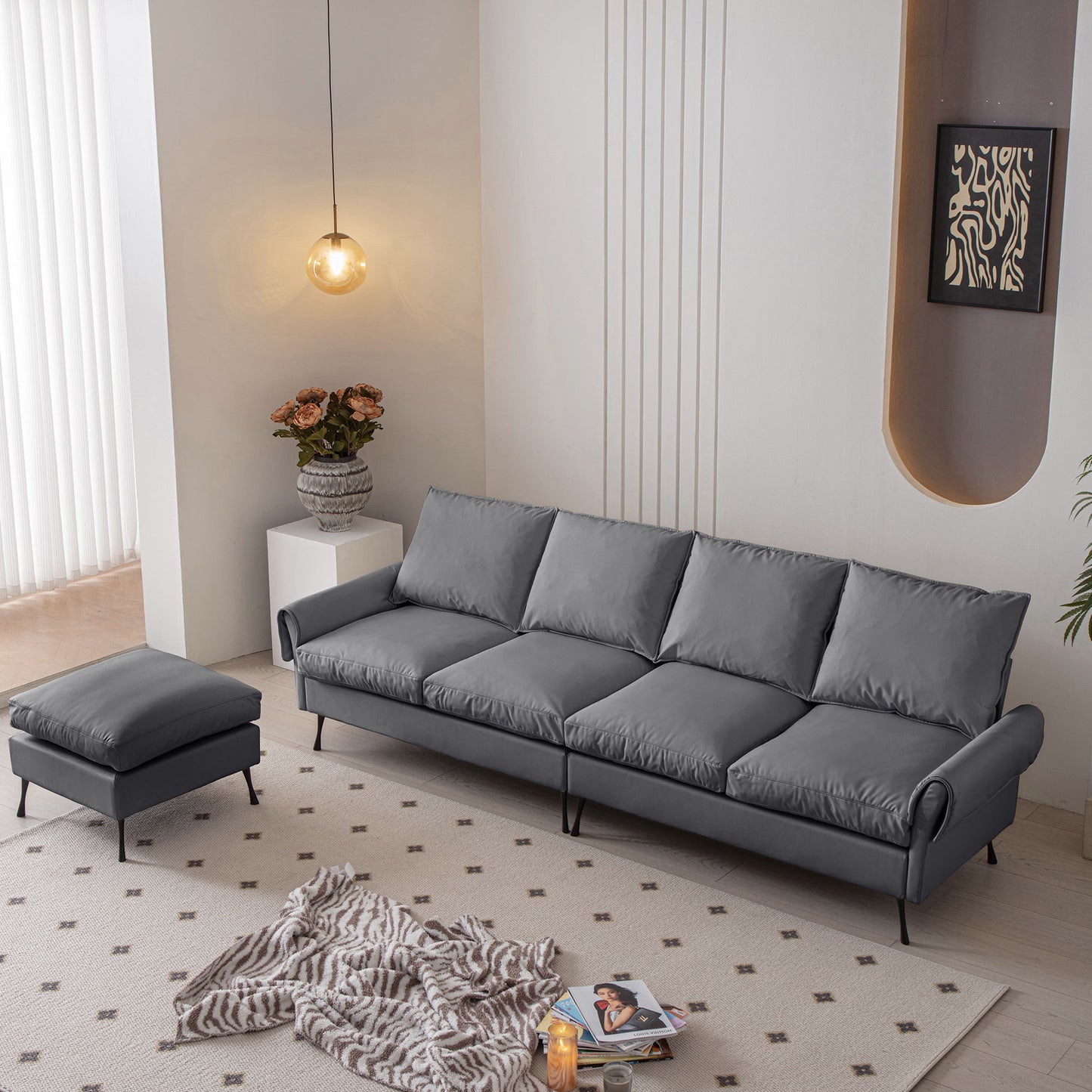 Modern Sectional Technical Leather L-Shaped Sofa Couch With Convertible Ottoman - Dark Gray