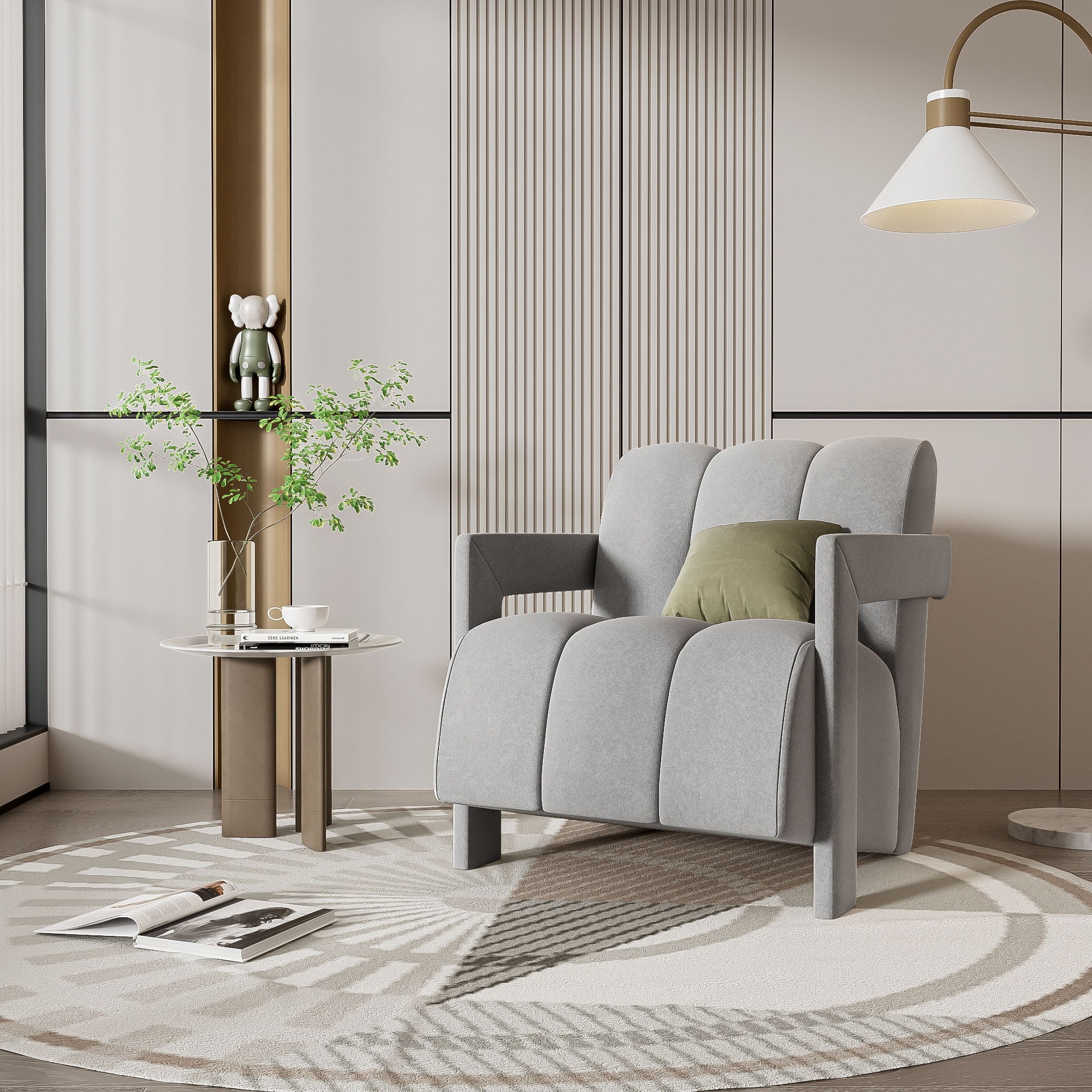 Modern Minimalist Leisure Armchair With L Shaped Armrests For Living Room - Gray