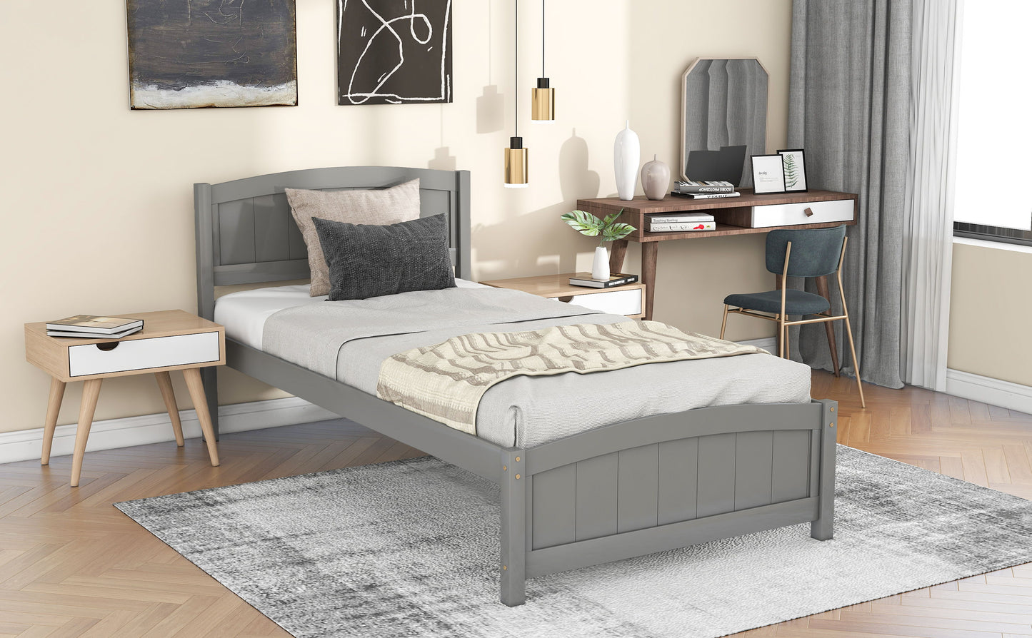 Twin Platform Bed With Headboard, Footboard And Slat Support - Gray