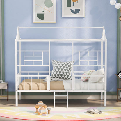 House Bed Frame Twin Size With Slatted Support No Box Spring Needed - White