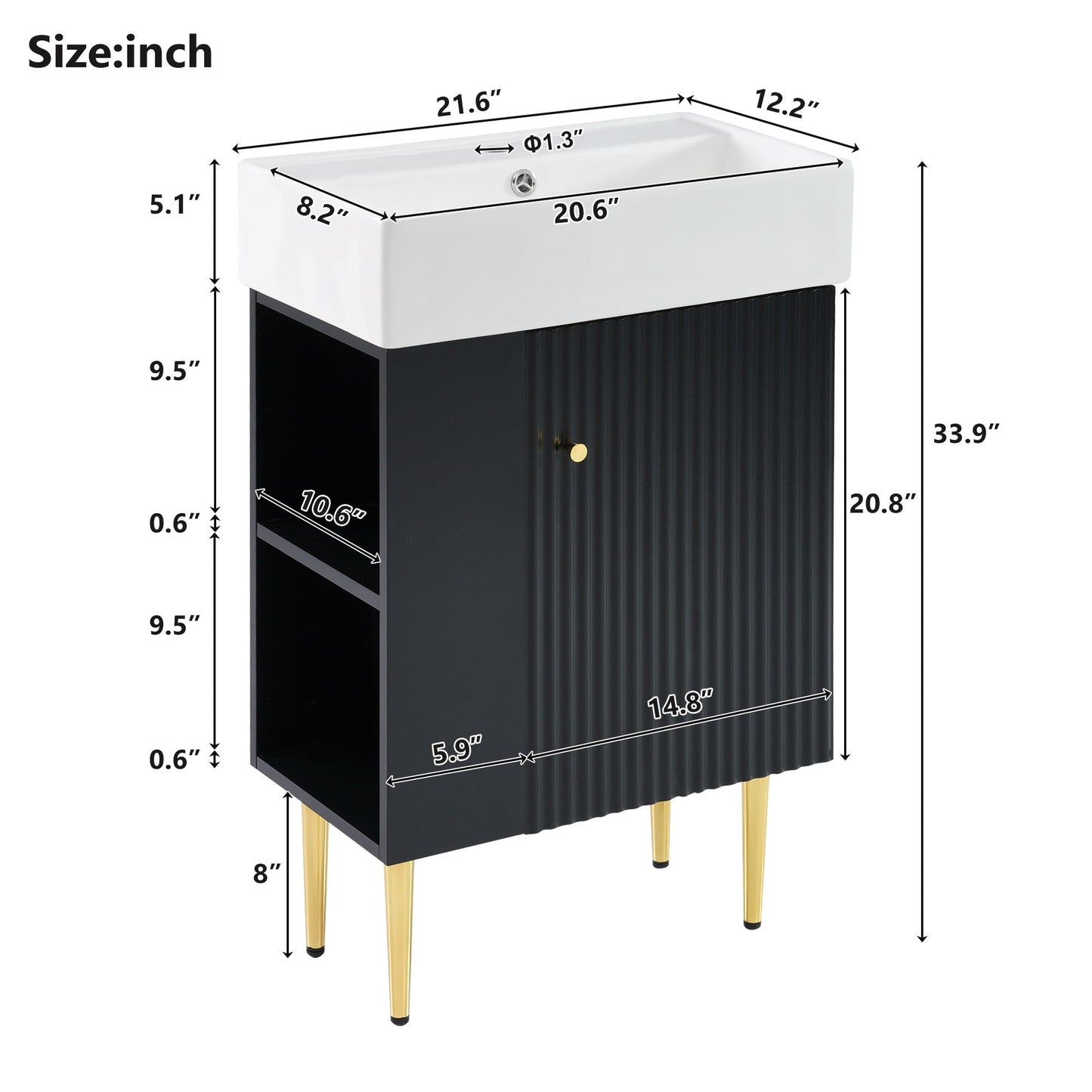 Bathroom Vanity, Combo Cabinet, Bathroom Storage Cabinet, Single Ceramic Sink, Left Side Storage - Black