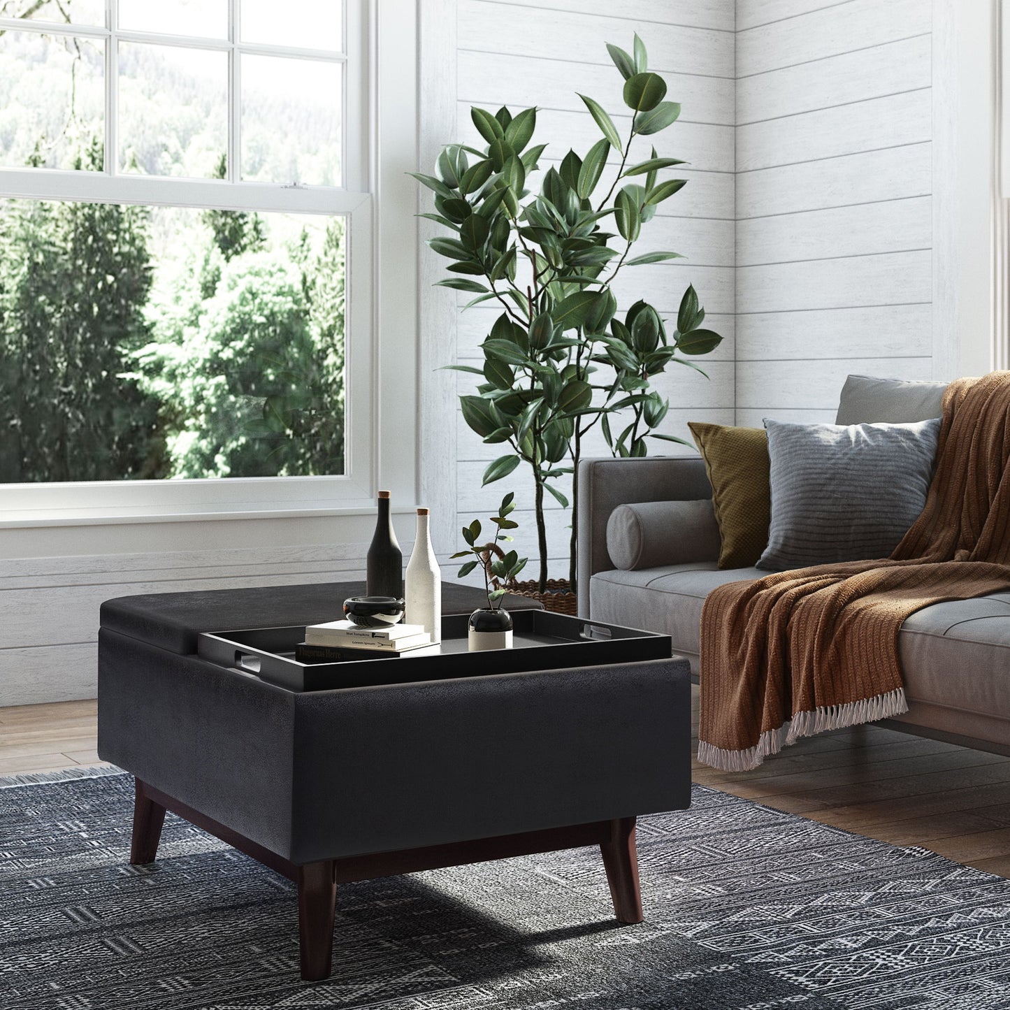 Owen - Tray Top Small Coffee Table Storage Ottoman - Distressed Black