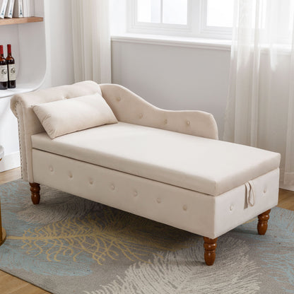 Chaise Lounge Indoor, Velvet Lounge Chair For Bedroom With Storage & Pillow, Modern Upholstered Rolled Arm Chase Lounge For Sleeping With Nailhead Trim For Living Room Bedroom Office - Beige