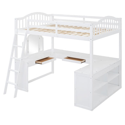 Full Loft Bed With U Shaped Desk, Storage Compartments And Tri Fold Mirror - White