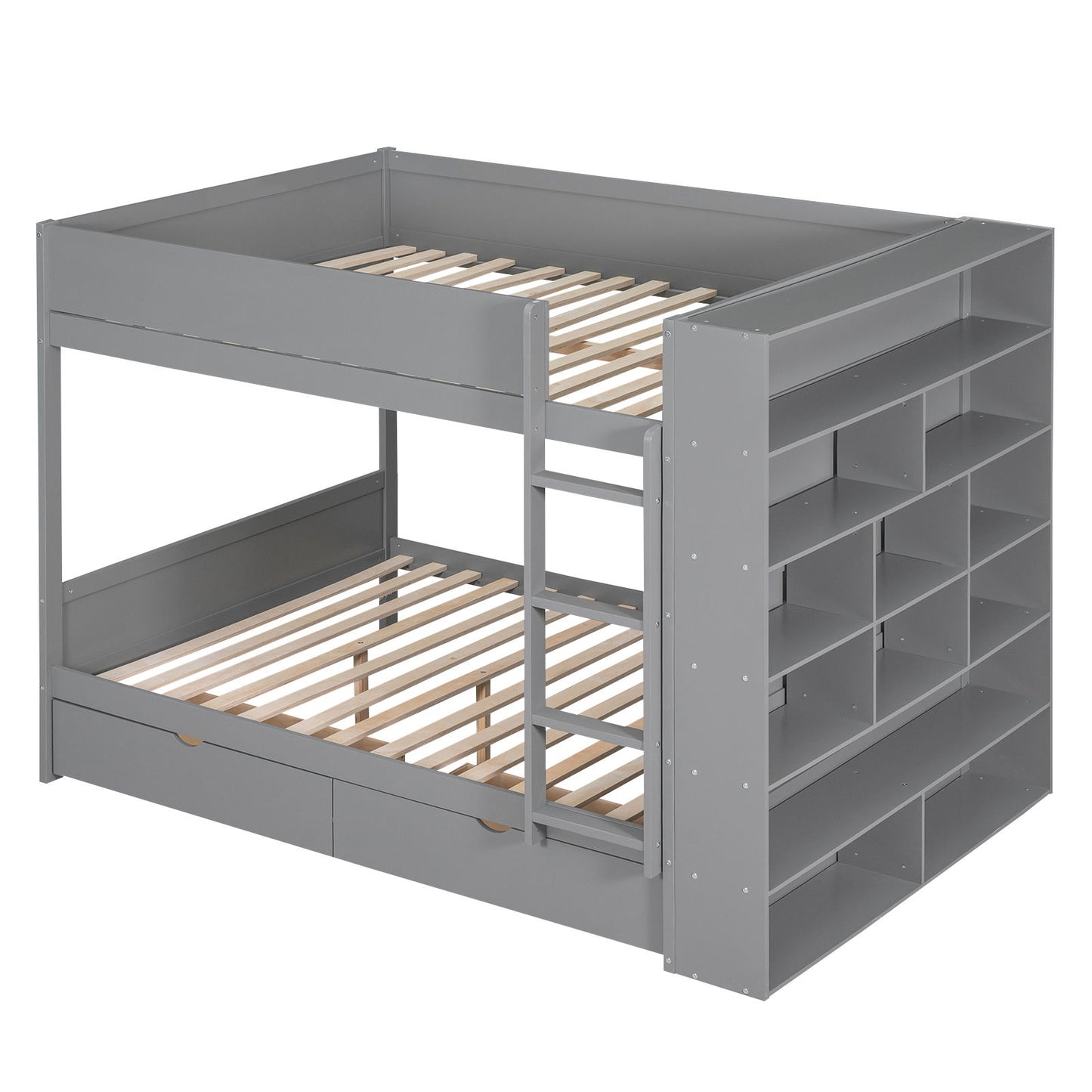 Full Over Full Bunk Bed With 2 Drawers And Multi-Layer Cabinet - Gray