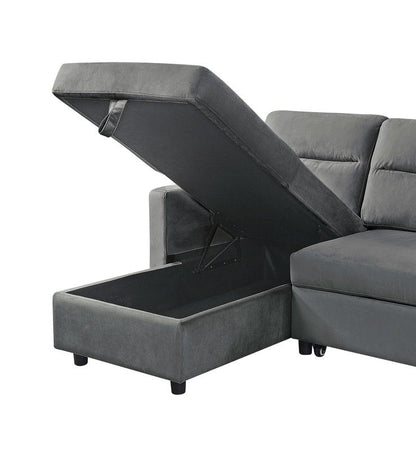 Ivy - Velvet Reversible Sleeper Sectional Sofa With Storage Chaise And Side Pocket - Dark Gray