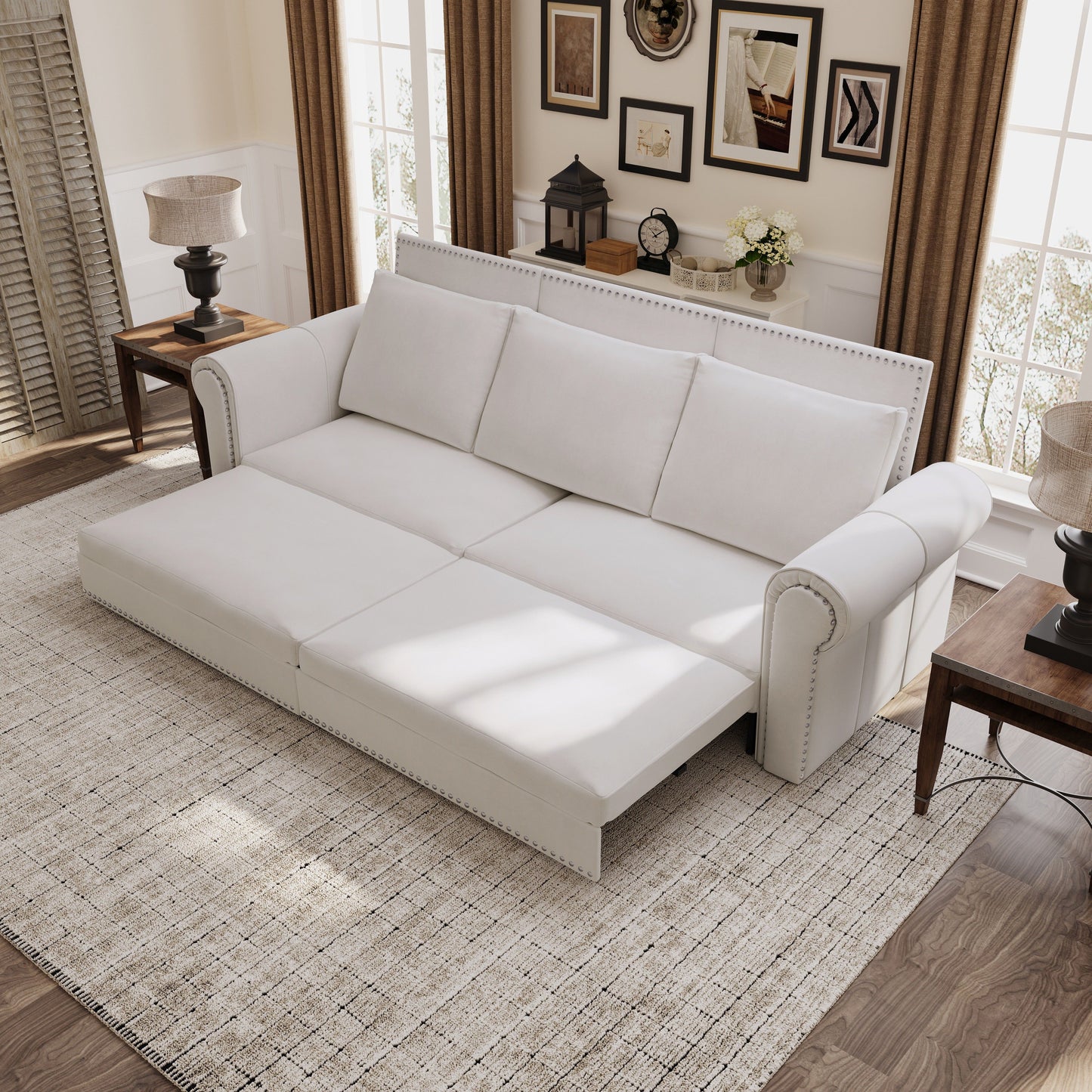 King Pull Out Sofa Bed, Chesterfield Sofa, 3 In 1 Velvet Convertible Sleeper Sofa With Nailhead Trim & Rolled Arm, Multifunctional Sofa Bed For Living Room - Beige
