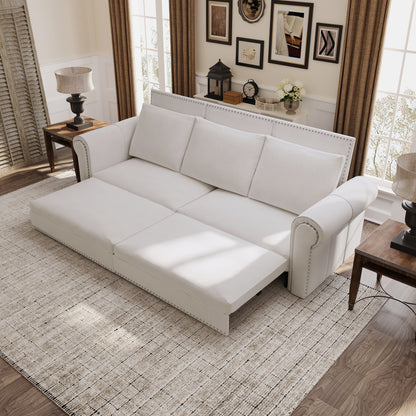 King Pull Out Sofa Bed, Chesterfield Sofa, 3 In 1 Velvet Convertible Sleeper Sofa With Nailhead Trim & Rolled Arm, Multifunctional Sofa Bed For Living Room - Beige