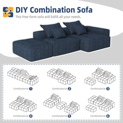 Modern Oversized Modular Sectional Sofa With Ottoman, Seat, Chaise Lounge And Armrest, Sparkling Chenille Fabric Soft Cushion Sofa With 4 Pillows, 4 Pieces Diy Combination Tufted Sofa, No Assembly Required - Blue