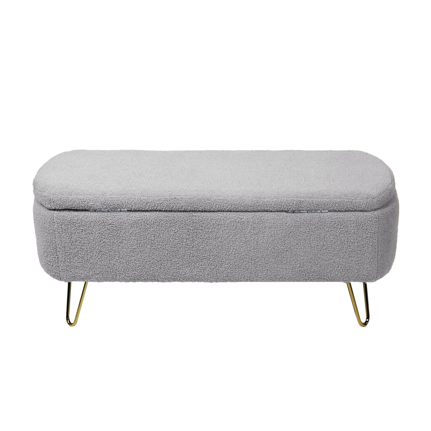 Storage Ottoman Bench For End Of Bed Gold Legs, Modern Gray Faux Fur Entryway Bench Upholstered Padded With Storage For Living Room Bedroom - Gray