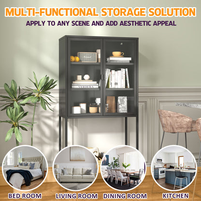 Heavy Duty Metal Storage Cabinet, Sideboards & Buffet, Display Storage Cabinet With Glass Doors And 2 Adjustable Shelves, Tall Bookcase Modern Bookshelf Cabinet For Home Office, Living Room - Black