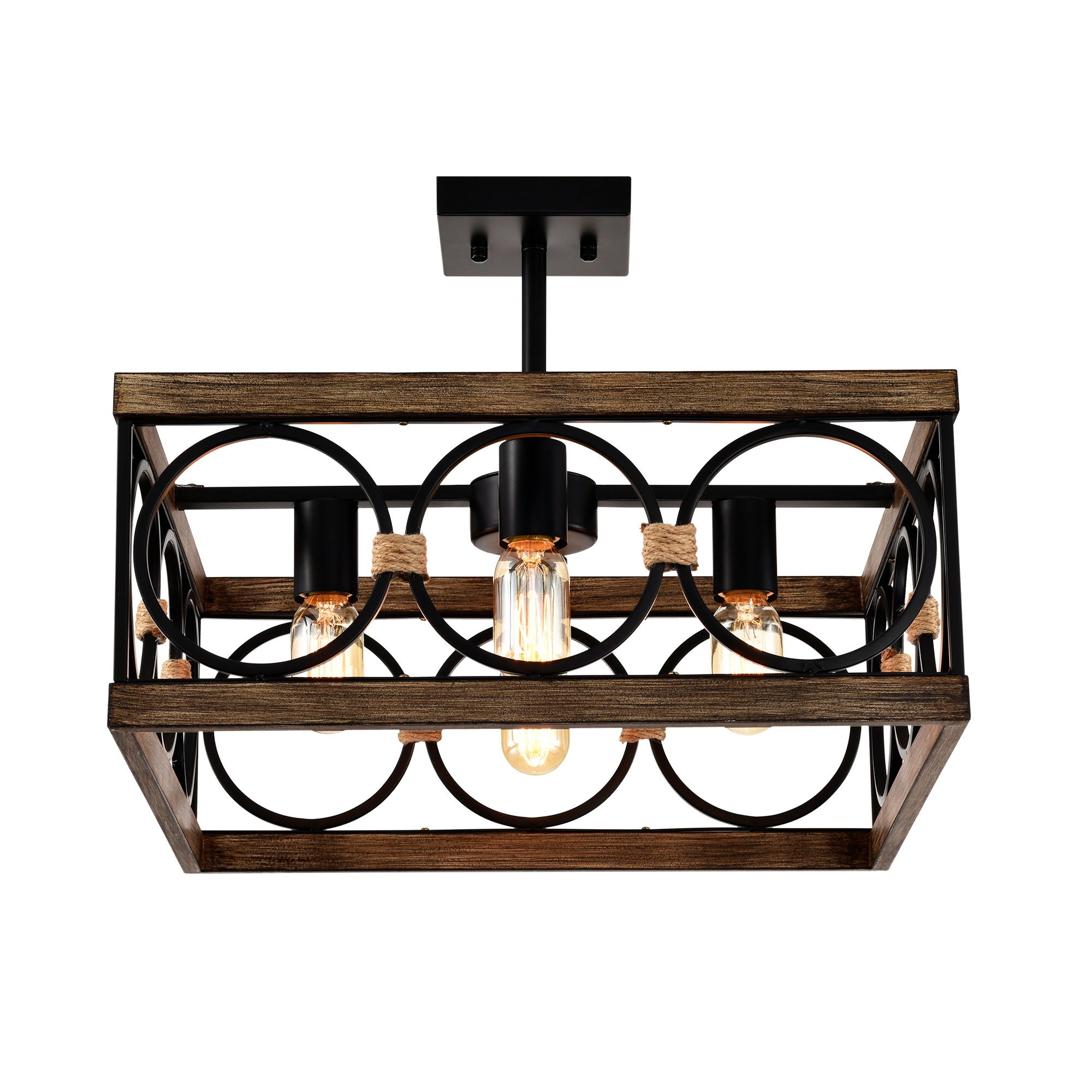 4 Light Square Kitchen Island Lights Ceiling Light Farmhouse Dining Room Light Fixture, Wood And Metal Rectangular Ceiling Light, Ceiling Lighting For Living Room, Conference Room, Home Office - Black