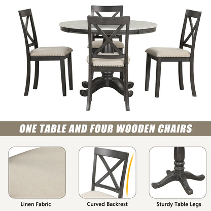 5 Pieces Dining Table And Chairs Set For 4 Persons, Kitchen Room Solid Wood Table With 4 Chairs - Gray