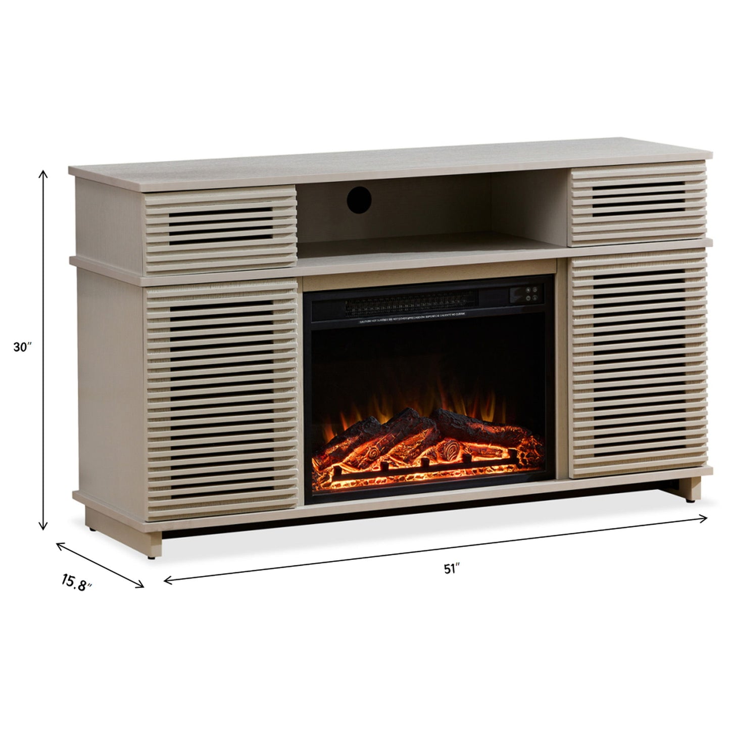 Modern Solid Wood Cabinet With Adjustable Shelves And Remote-Controlled Fireplace - Light Gray